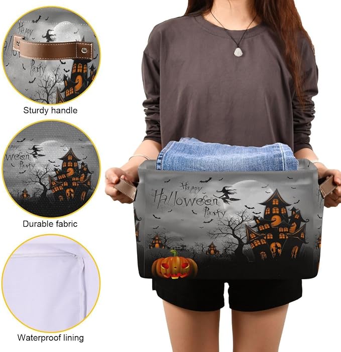 Halloween Spooky Witch Castle Storage Basket Fabric Kitchen Baskets Black Bat - Image 6