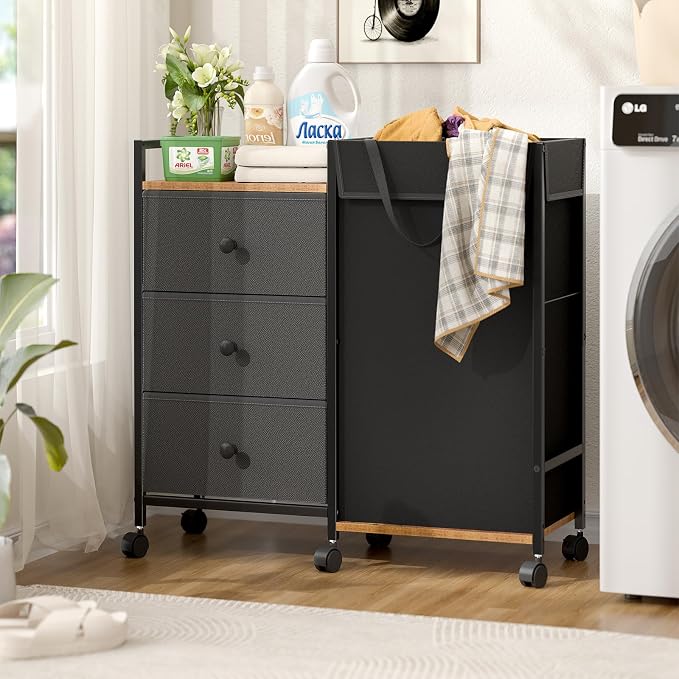 Laundry Hamper with Wheels, Laundry Sorter with Shelf and 3 Drawers, Total by DAOUTIME