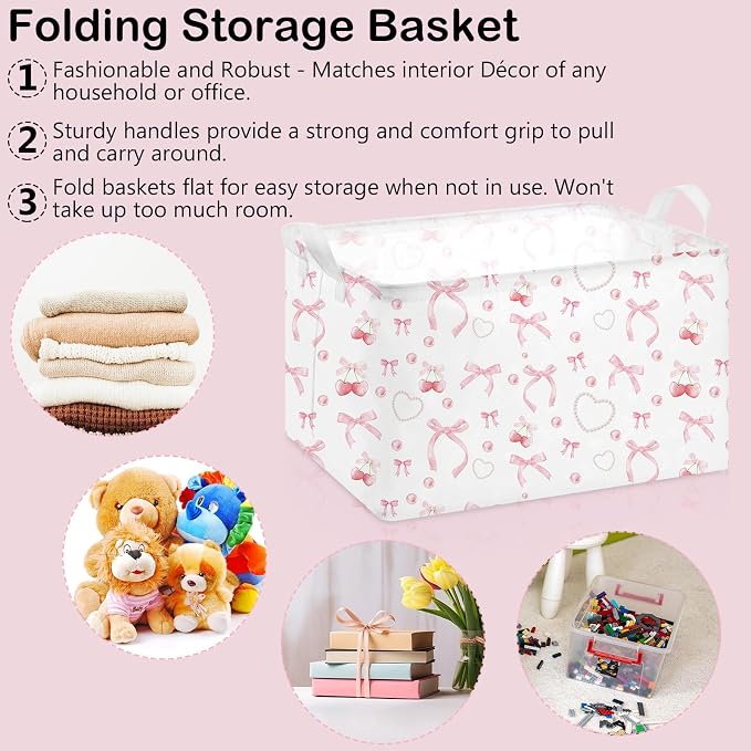 Chunful 4 Pcs Coqutte Pink Bow Storage Baskets Easter Baskets Cute Preppy Pink - Image 3