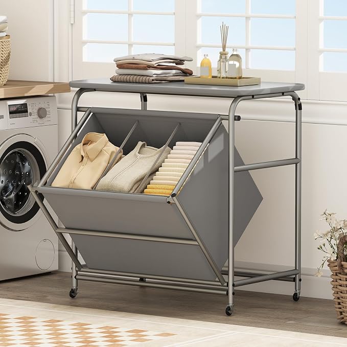 Giantex Laundry Sorter with Foldable Ironing Board, 3 Section Tilt Out Laundry - Image 2