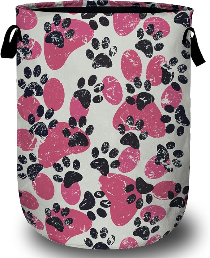 Pink Paw Print Laundry Basket, Foldable Waterproof Laundry Hamper Tote Bag by Unknown