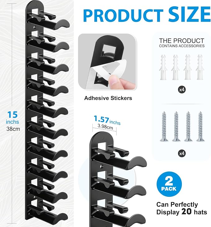 4 Pack Hat Organizer for Baseball Caps, Hat Rack for Wall Hold Up to 40 Hats - Image 3