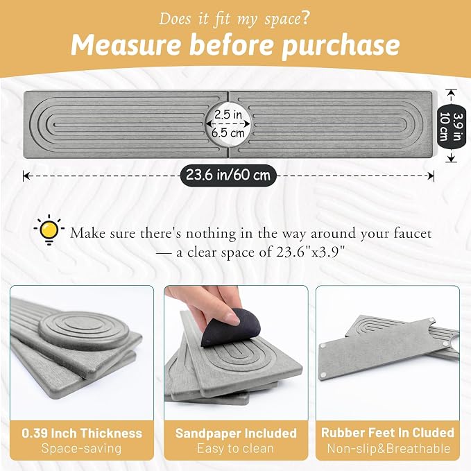 Diatomite Sink Protector for Kitchen, 23.6" Durable Faucet Mat Splash Guard - Image 2