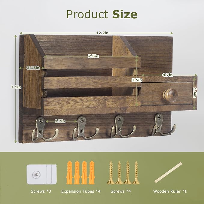 Key Holder Wall Mount, Wooden Adhesive Mail and Key Organizer - Image 5