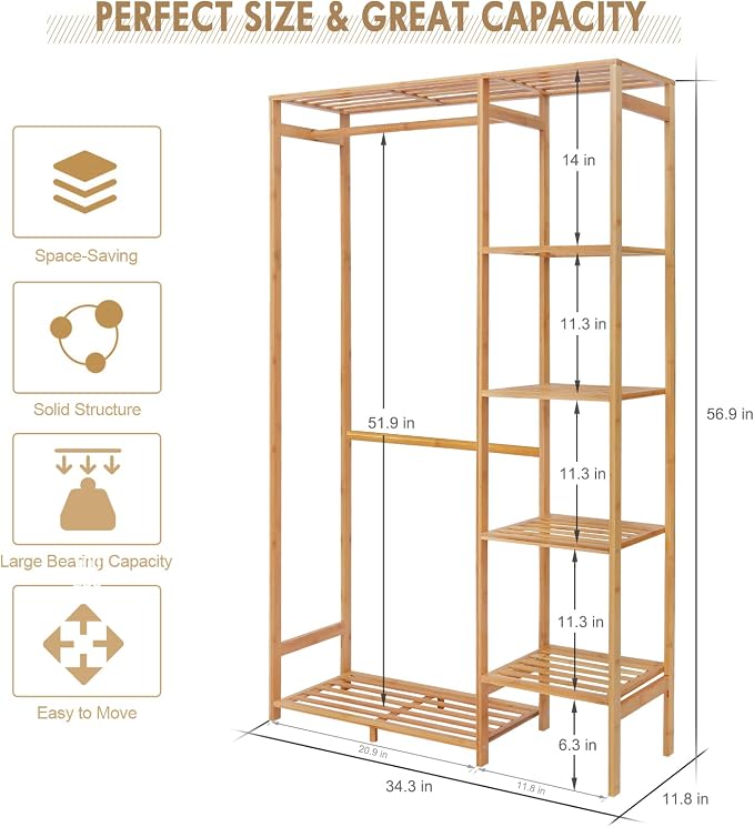 Bamboo Clothing Rack with 6 Tier Storage Shelf Multifunctional Garment - Image 6