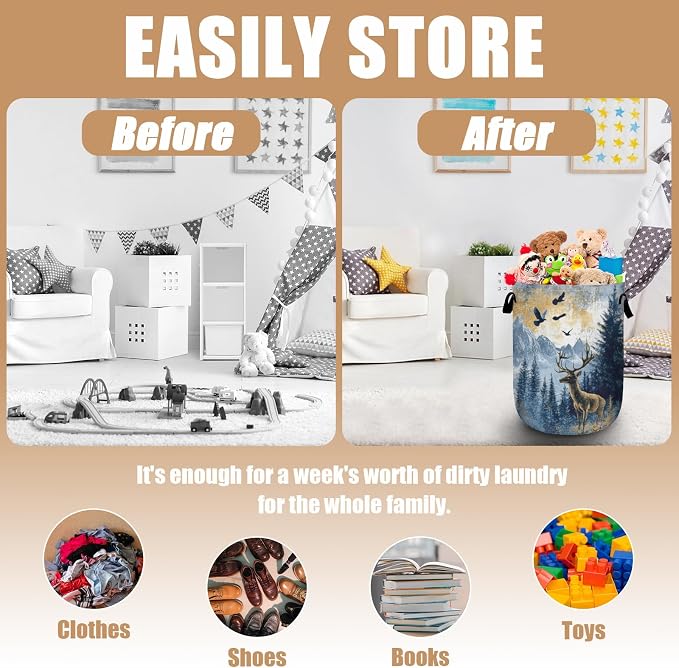 Misty Forest Deer Laundry Basket, Foldable Waterproof Laundry Hamper Tote Bag - Image 3