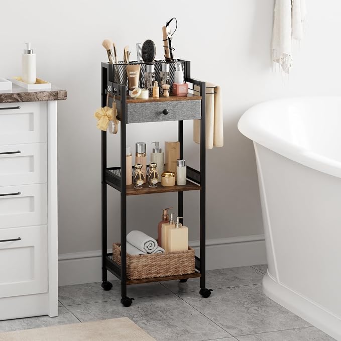 Bathroom Shelves with Drawer, 3 Tier Metal Rolling Standing Unit Storage - Image 4