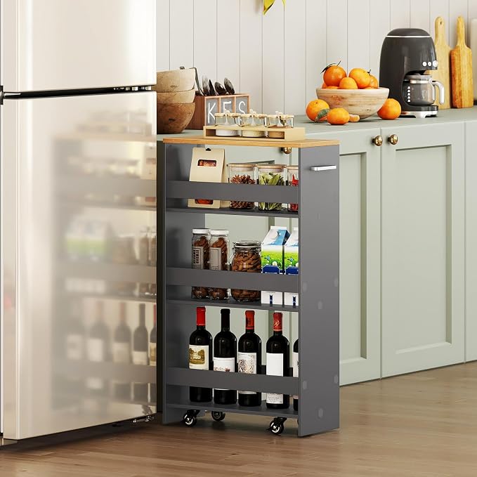 Small Kitchen Cart, 4-Tier Slim Rolling Island w/Handle, Laundry Room Storage - Image 2