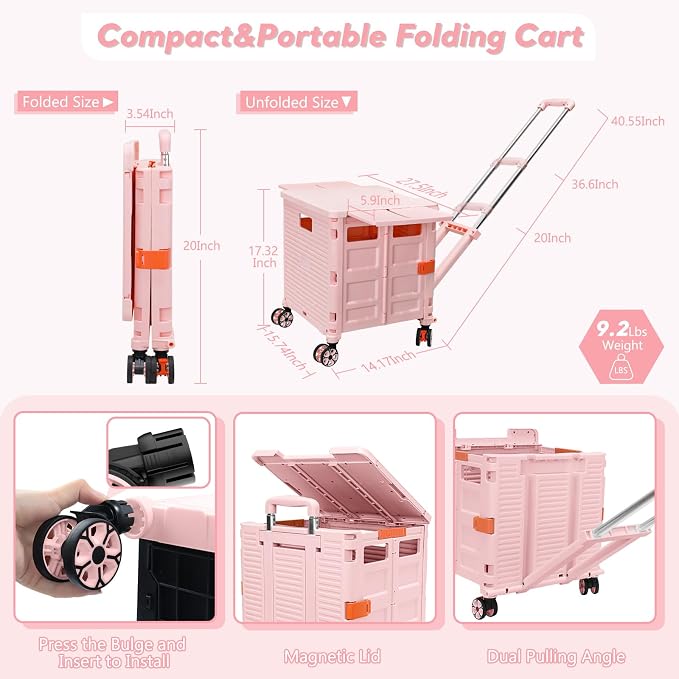 FELICON SELORSS Folding Utility Cart Rolling Crate Tote Basket Box Storage - Image 6