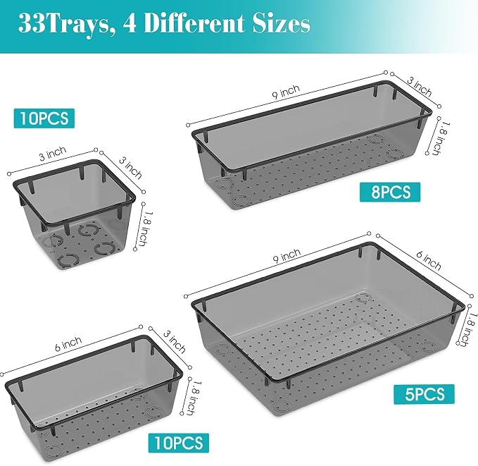 33 PCS Clear Plastic Drawer Organizers Set, 4 Size Desk Drawer Organizer Trays - Image 2