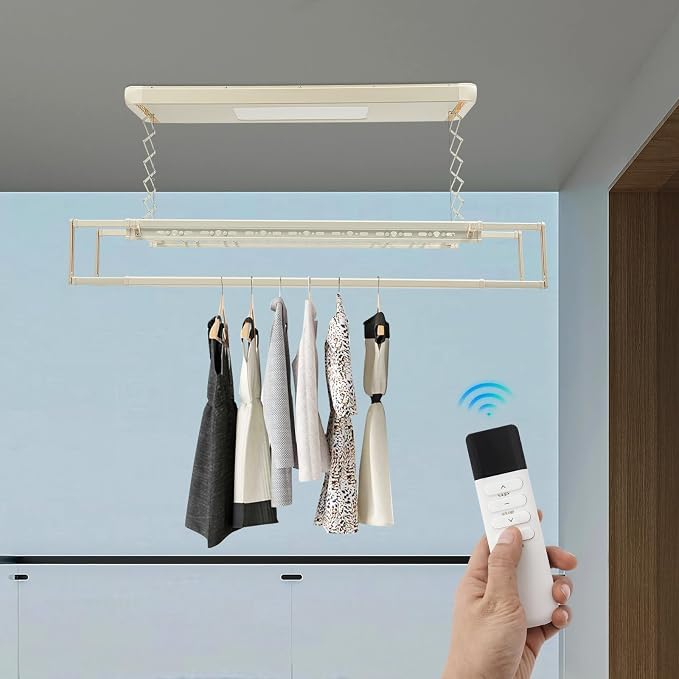 Electric Retractable Airing Rack Off-White Color, Ceiling Clothesline 77lbs Load - Image 6