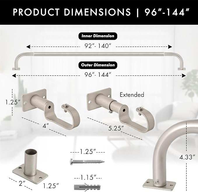 Meriville 1-Inch Diameter Wrap Around Blackout Curtain Rod, 96-Inch to 144-Inch - Image 2