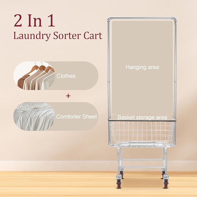 Wire Laundry Cart with Hanging Rack, Wire Laundry Basket With Wheels - Image 3