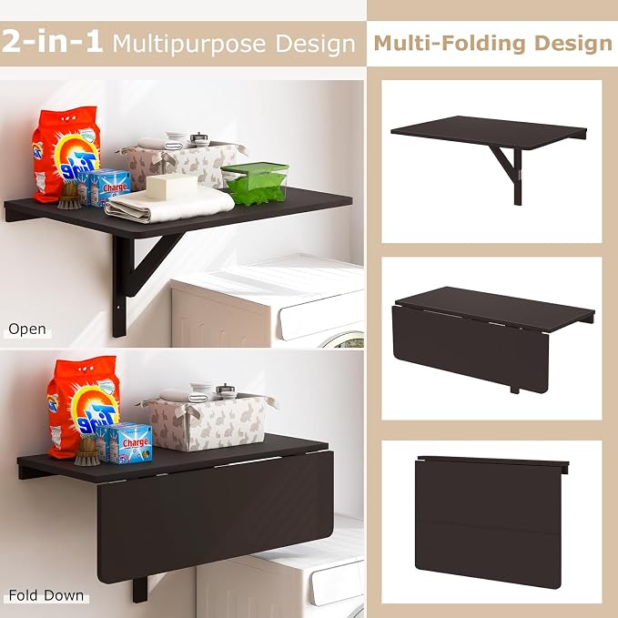 Giantex Wall Mounted Folding Table, 31.5" x 23.5" Wood Murphy Desk, Drop-Leaf - Image 5