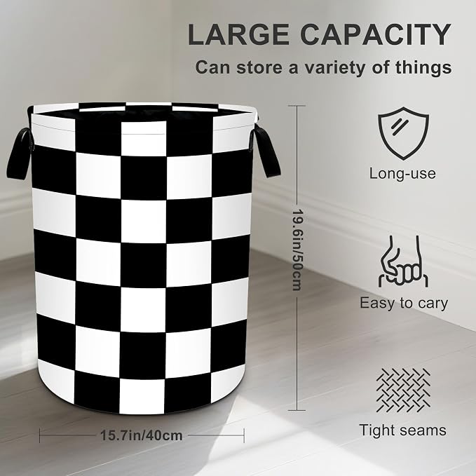 Black White Checkered Laundry Basket Storage Bin Foldable Laundry Hamper - Image 4