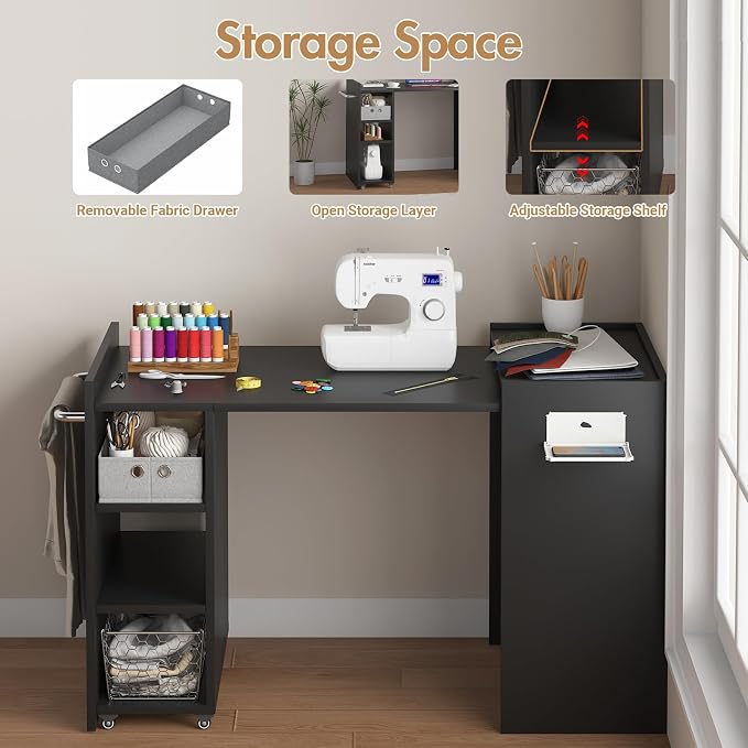 Folding Sewing Table, Wall Mount Sewing Machine Cabinet w/ Storage Shelves & - Image 4