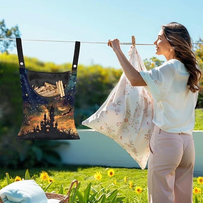 Halloween Castle Print Clothespin Bag Laundry Hanging Storage Organizer - Image 2