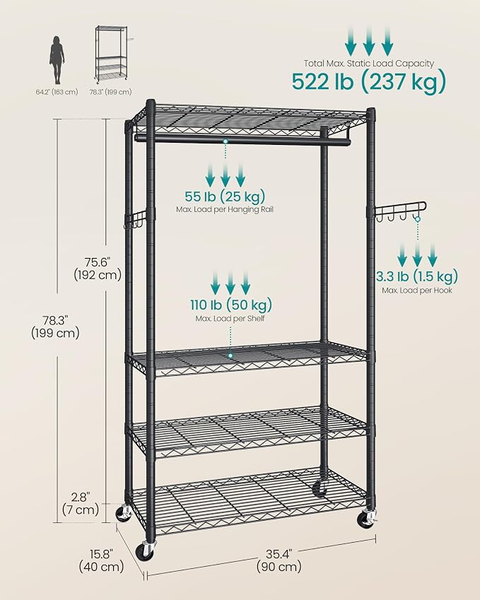 SONGMICS Heavy-Duty Rolling Clothes Rack, Garment Rack, Portable Closet on - Image 5
