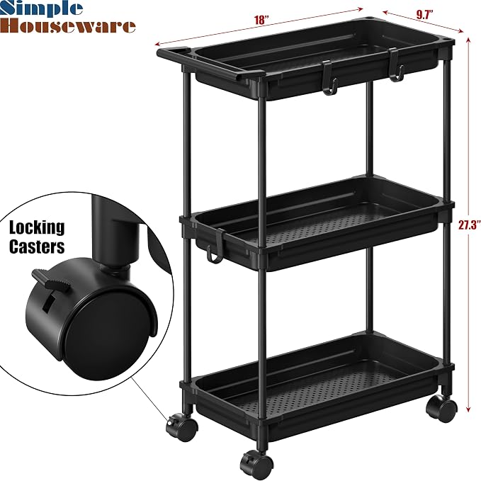 SimpleHouseware Standard 3-Tier Slim Rolling Storage Cart - Image 3