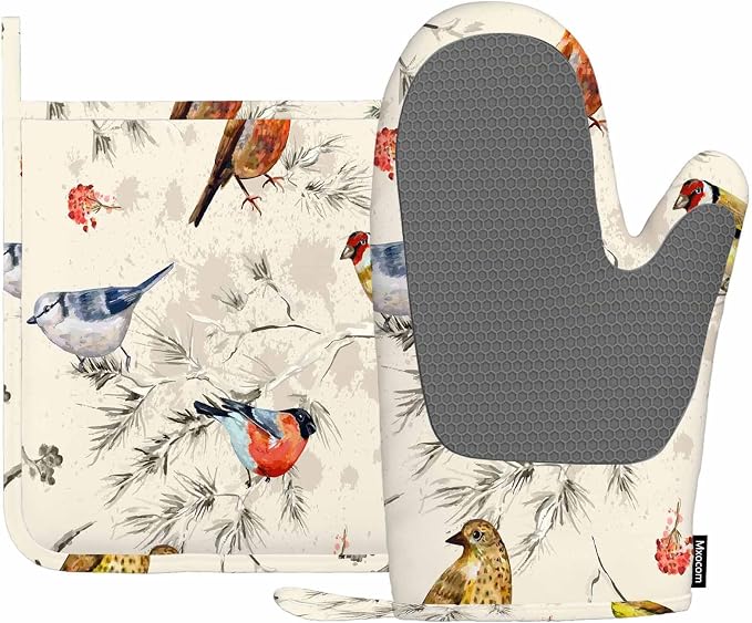 Mxocom Bullfinch Snowbird Tit Woodpecker Silicone Oven Mitts and Pot Holders by Mxocom