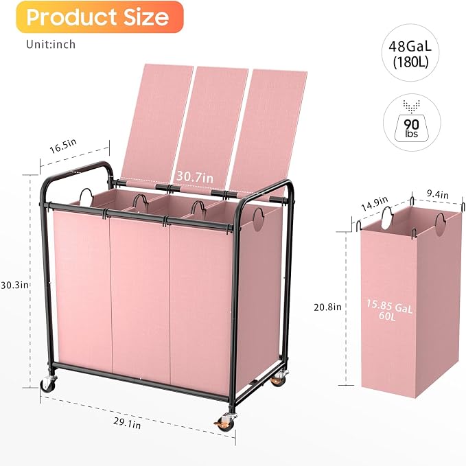 180L Laundry Sorter 3 Section, Rolling Laundry Basket - Image 2