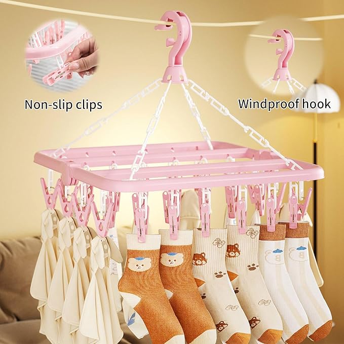 Clothes Drying Rack with 32 Clips, Foldable Hanging Rack, 360° Rotatable Hook - Image 7