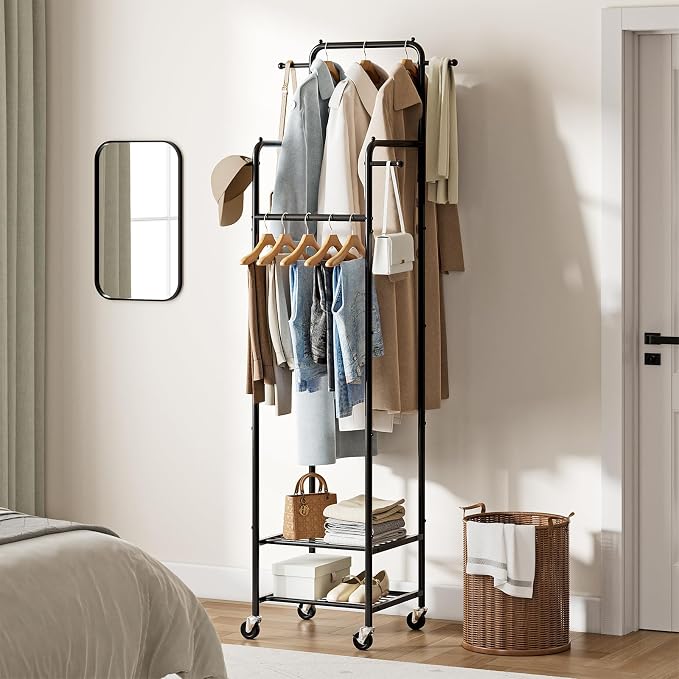 Chrislley Clothes Rack with Wheels, Small Rolling Garment Rack, 4 Hanging Rods - Image 2