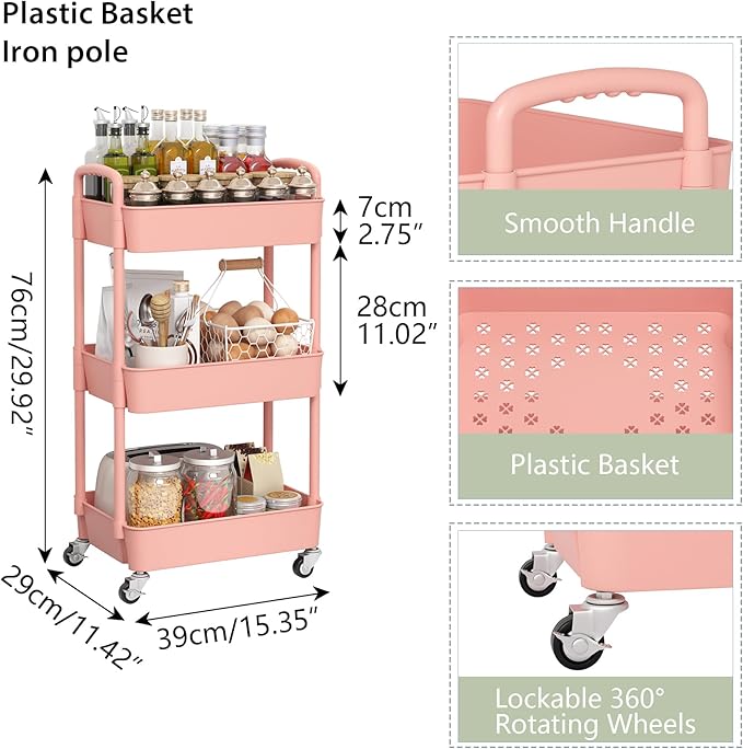 Sywhitta 3-Tier Plastic Rolling Utility Cart - Image 2