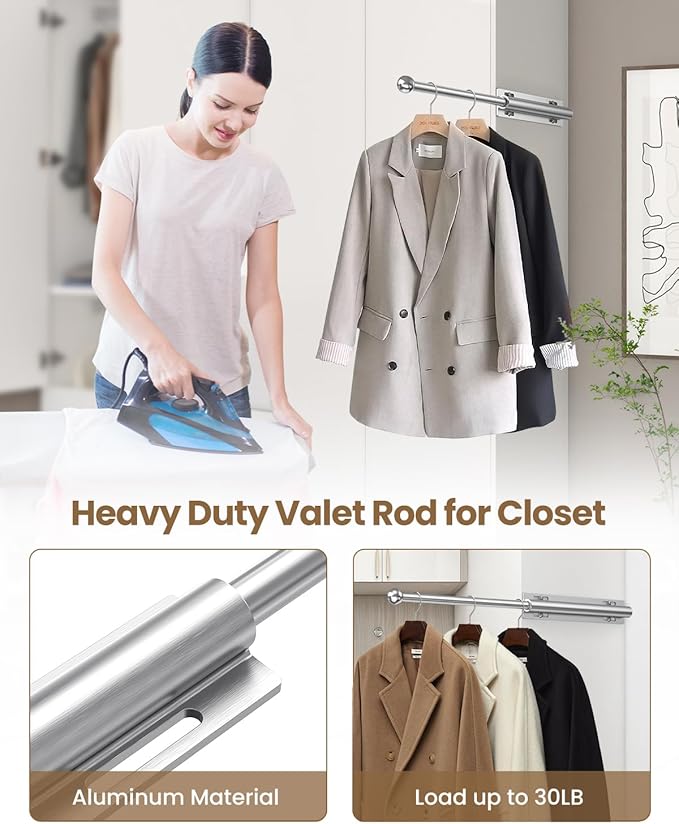 2 PACK Valet Rod for Closet Pull Out, Retractable Slide Out Valet Rod Closet - Image 3