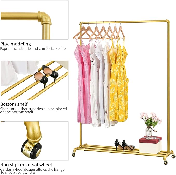 BOSURU Rolling Gold Clothing Racks on Wheels, Retail Display Industrial Pipe - Image 5