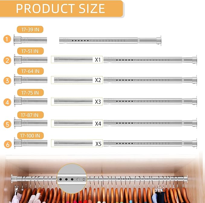 1.3 Inch Diameter Closet Rods for Hanging Clothes 17-39 Inch Adjustable - Image 6