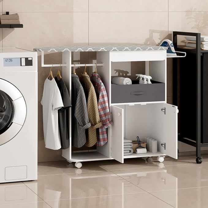 Rolling Ironing Board with Storage Cabinet, Wooden Ironing Board Cabinet with - Image 3