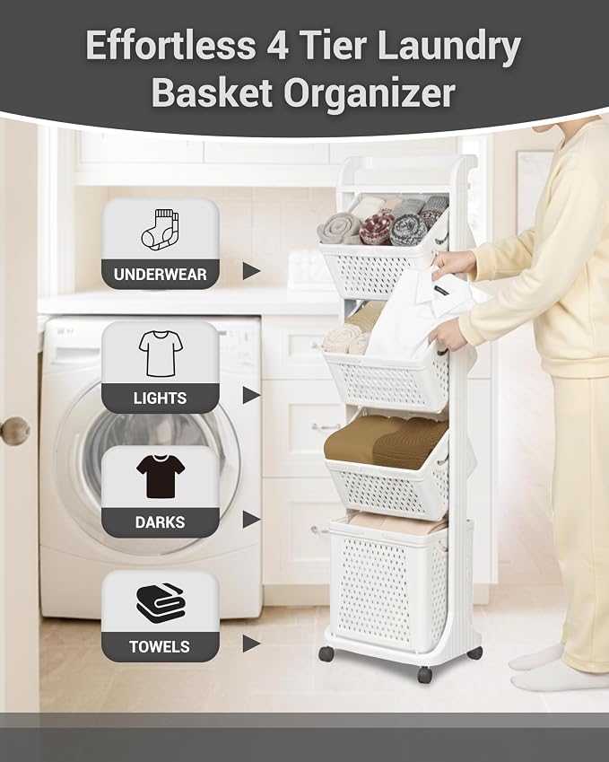 4 Tier Laundry Basket Organizer, 92L Vertical Laundry Hamper, Removable Rolling - Image 4