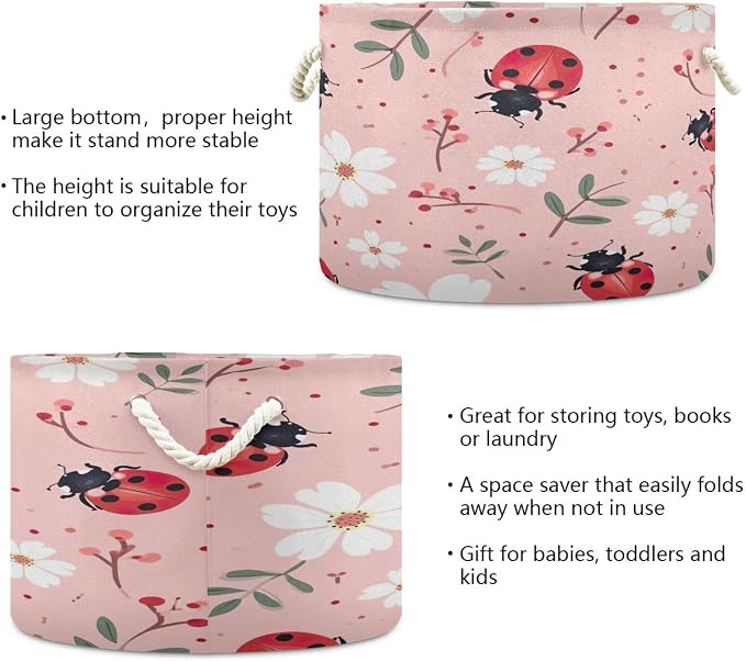 Lady Bugs on Pink Laundry Basket Extra Large Storage Basket 20" x 14" Blanket - Image 3