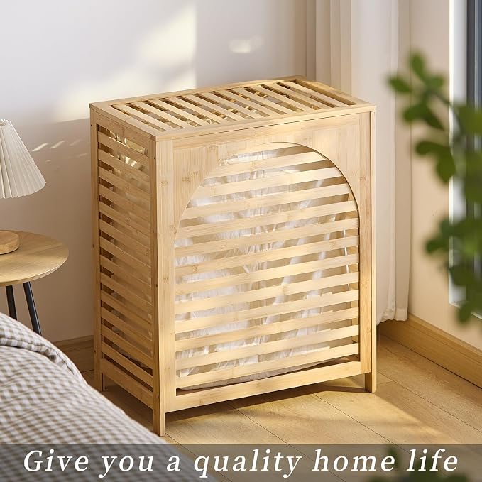 Laundry Hamper with Lid, Bamboo Clothes Laundry Basket with Handles, Removable - Image 3