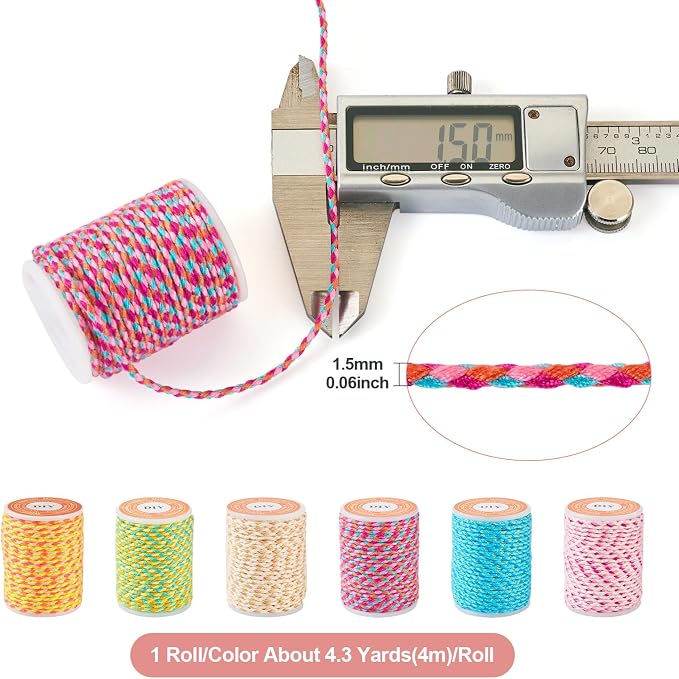 6 Rolls Macrame Cotton Cord, 1.5 mm, 6 Colors, 4.3 Yards/roll, - Image 2