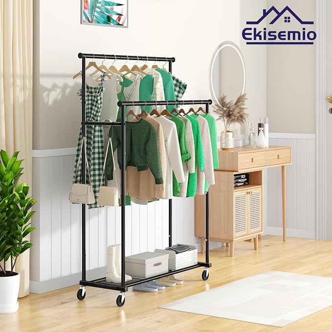Double Rods Clothes Rack with Wheels Load 400 LBS, 45 Inch Rolling Clothing Rack - Image 3