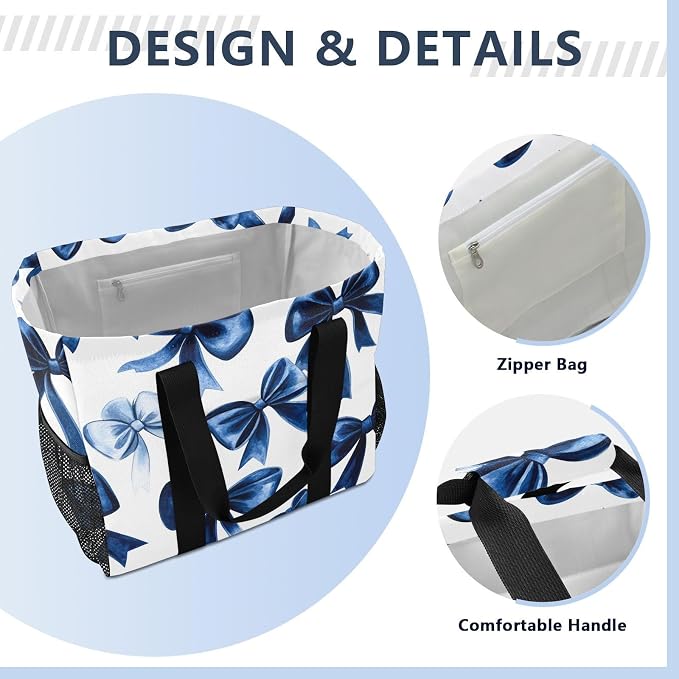 Navy Blue Velvet Bows Reusable Grocery Bags, Polyester Extra Large Foldable - Image 6