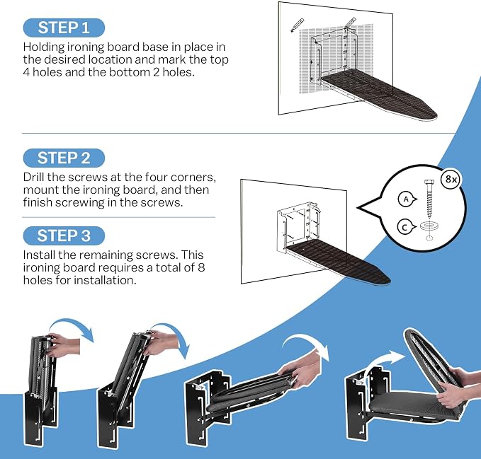 Wall Mounted Ironing Board Height Adjustment, 36 x 12 Inch Fold Down Ironing - Image 5