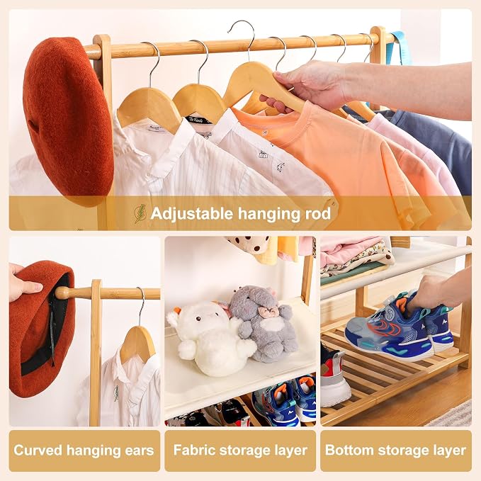 Kids Clothing Rack Bamboo with 2 Storage Baskets and 2 Adjustable Hanging Rods - Image 5
