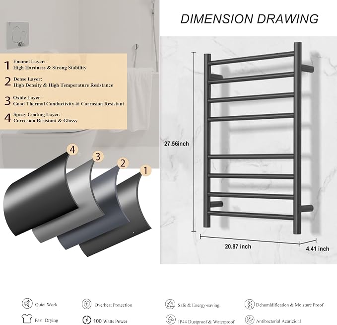 Electric Towel Warmer for Bathroom Wall Mounted Drying Rack Plug-in Electric - Image 5