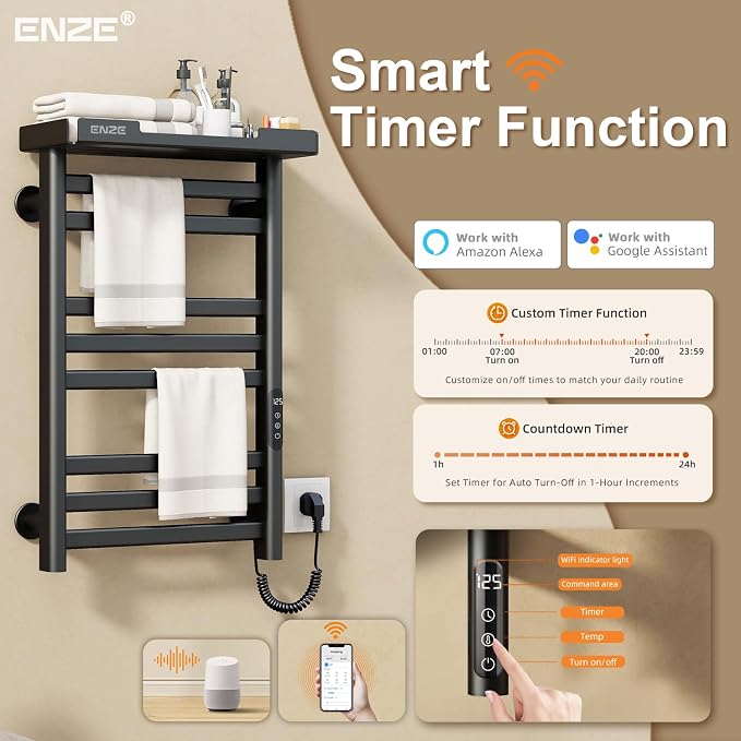 ENZE Smart Heated Towel Rack, 8-Bar Wall-Mounted Electric Towel Warmer - Image 5