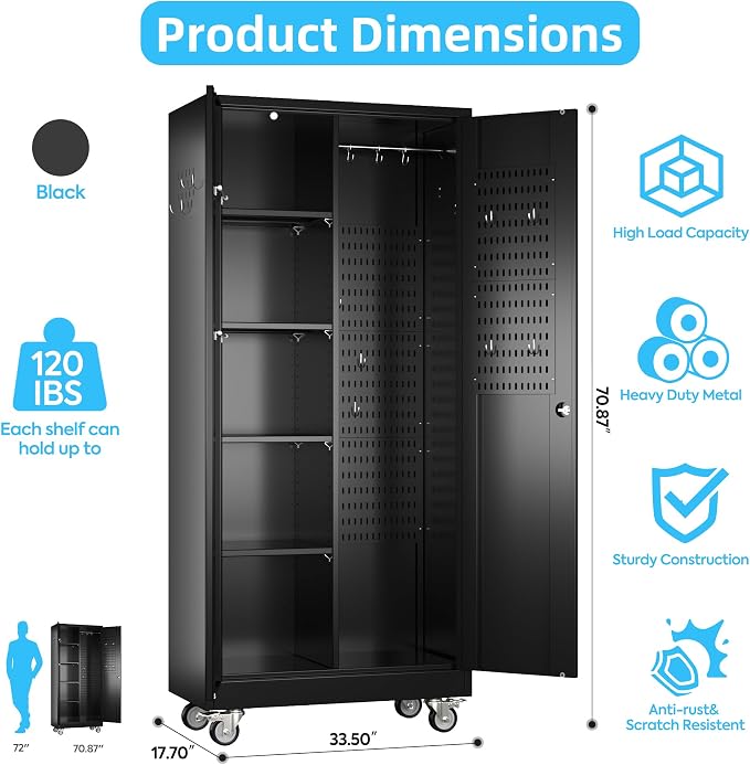 Garage Storage Cabinet with Wheels and 5 Pegboard, Metal Storage Cabinets with - Image 2