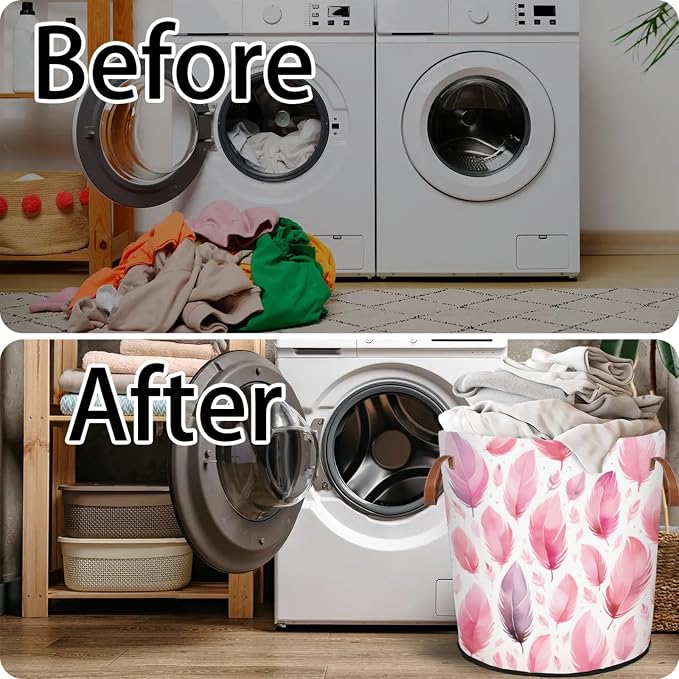 Pink Feather Laundry Basket Waterproof Collapsible Hamper - Image 5