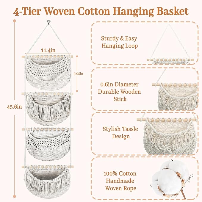 4 Tier Hanging Fruit Basket for Kitchen, 4 Pack Detachable Cotton Crocheted - Image 2