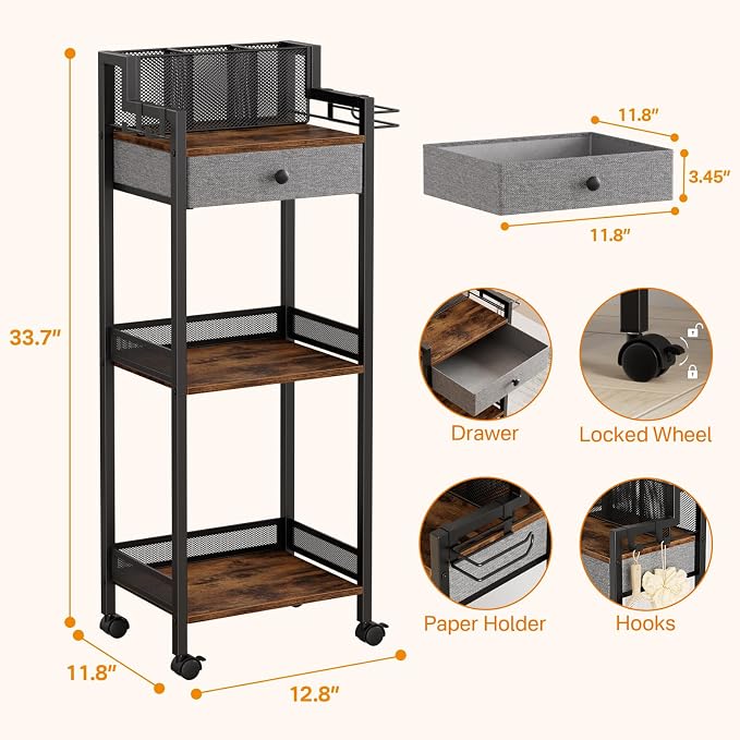 Bathroom Shelves with Drawer, 3 Tier Metal Rolling Standing Unit Storage - Image 3