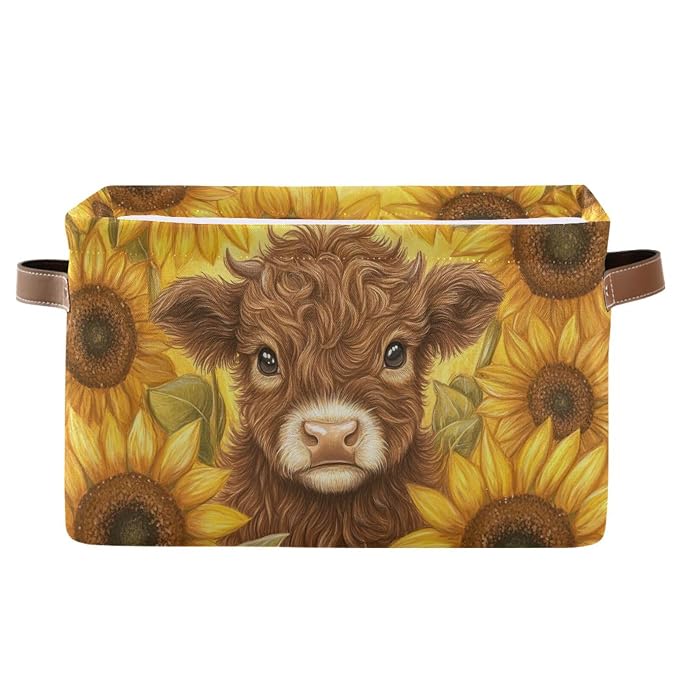 Cow Sunflowers Golden Rectangular Storage Bin Basket by DOMIKING
