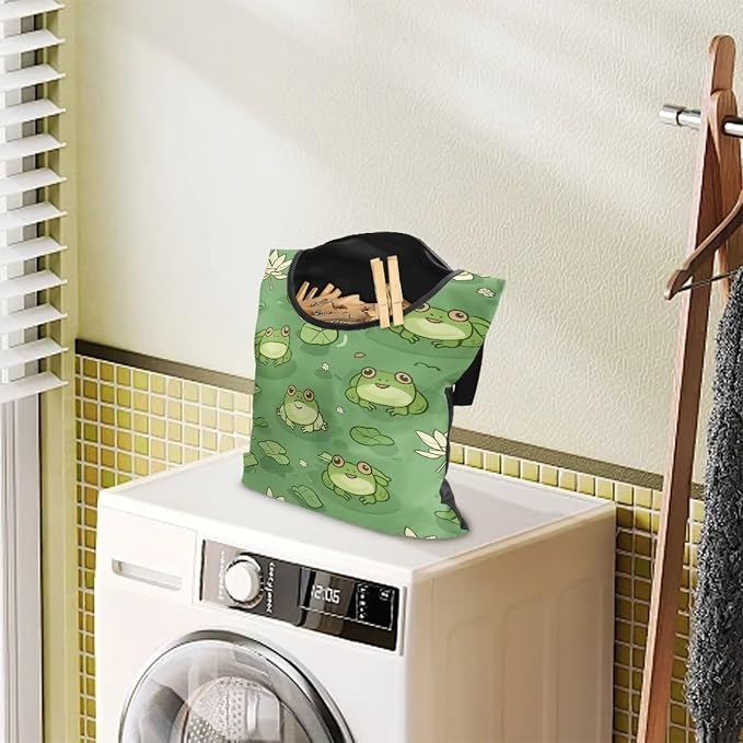 Cute Frog Clothespin Bag with Hanging Hook Reusable Laundry Canvas Clothes Pin - Image 3