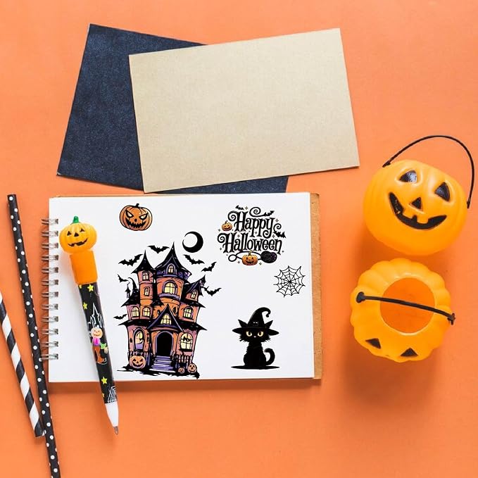 CRASPIRE Witch Rubber Stamps Happy Halloween Web Bat Moon Night Castle Pumpkin - Image 4