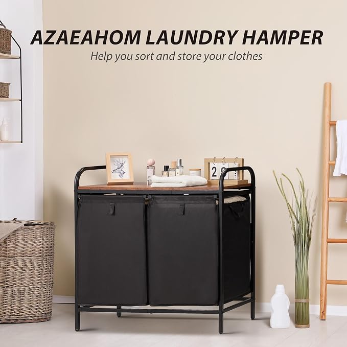 2 Section Laundry Hamper with Shelf, Laundry Basket Organizer with 2 Pull-Out - Image 2